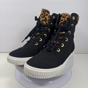 Timberland Women 8US Black Leopard Print High Top Sneakers Gold Eyelets Boots